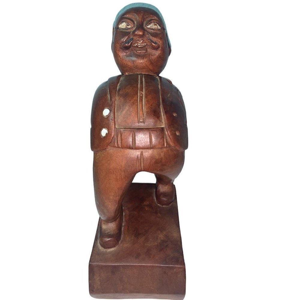 Vintage Folk Art Jolly Fat Big Belly Wood Carved Man with Hands‎ in Pockets
